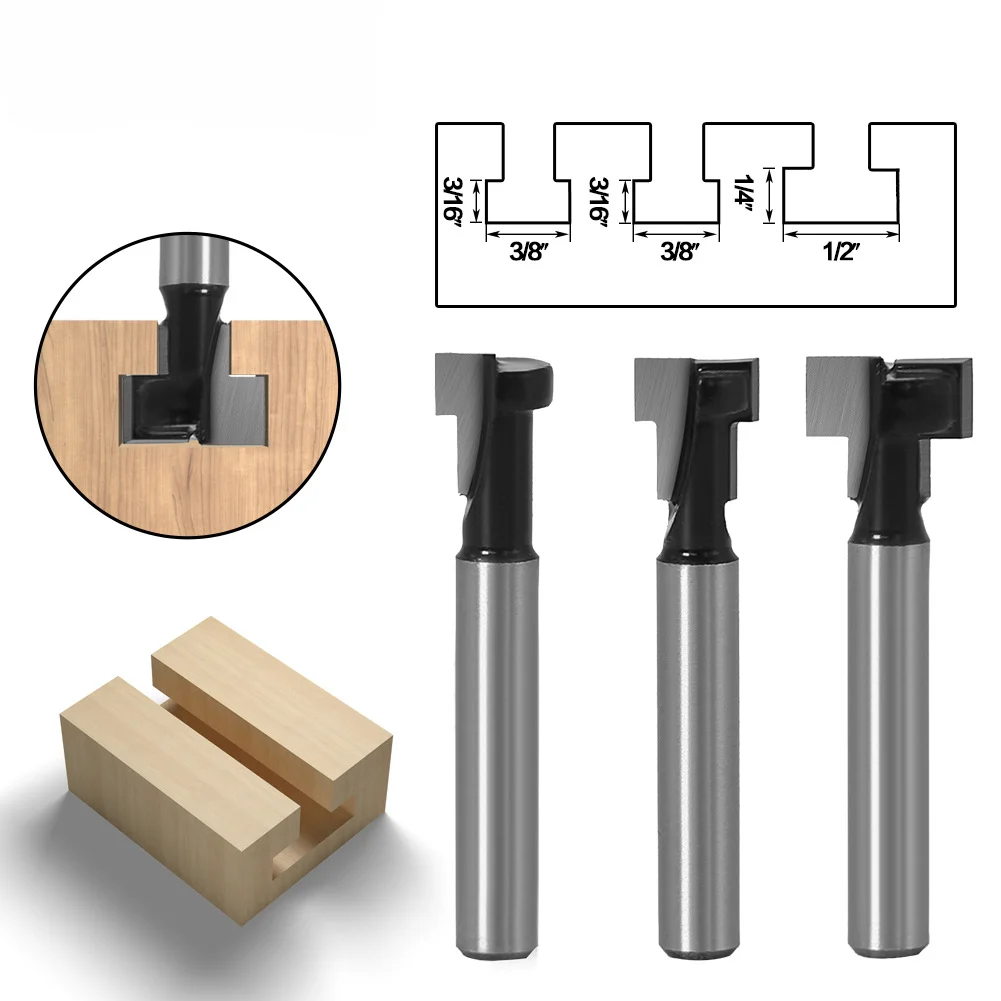 Woodworking Milling Cutter 1/4 Handle Keyhole Cutter Wood Picture Frame Wall Hanging T Keyhole Cutter Three-Piece Set 5/16 3/8 1