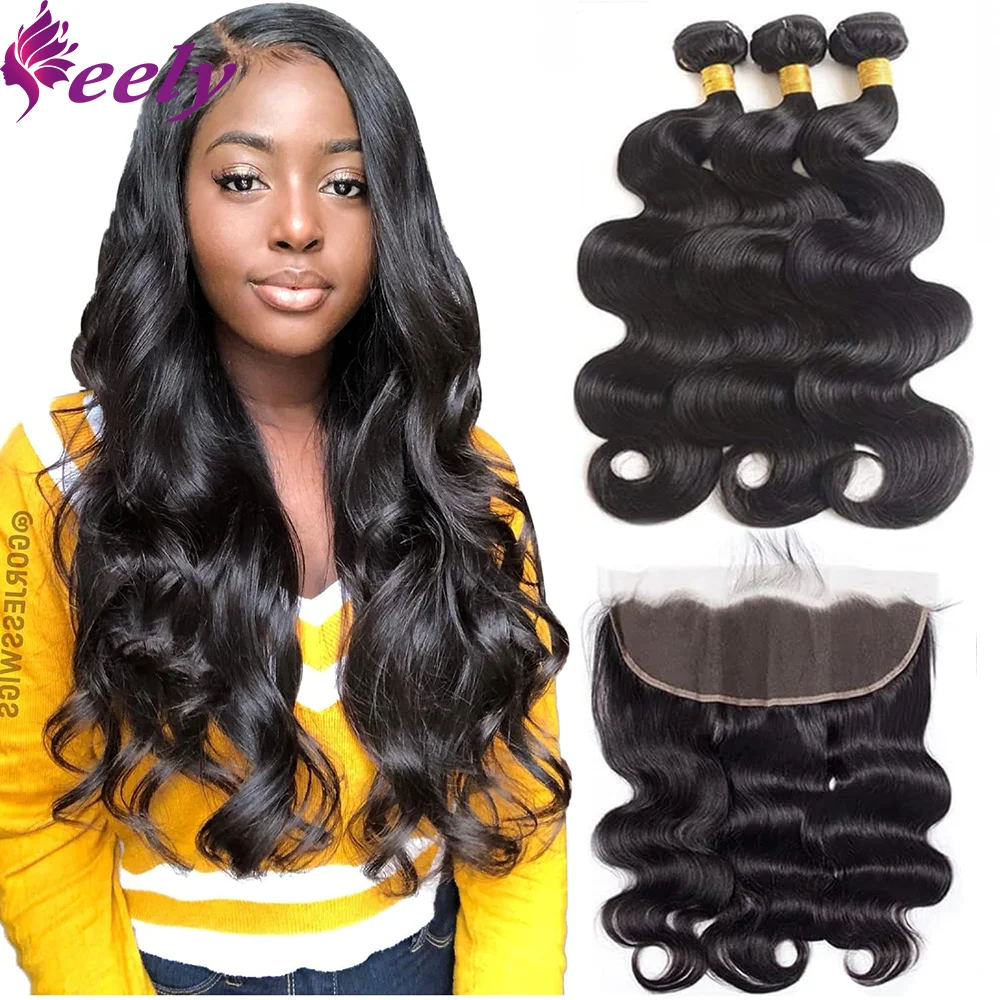 Bundels Menselijk Haar Natuurlijke Zwarte Body Wave Brazilian Real Human Hair Bundels Met Sluiting Frontale 13X4 Kant Kleur # 1b Voor Vrouw