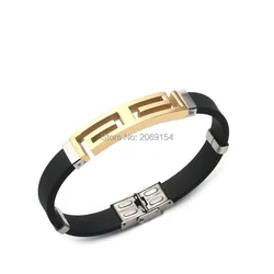 Loe | Men High Quality Black Bangle.New Fashion.Great Wall Pattern. Silicone Charm Party Gifts.21cm.Gold Color.Hip Hop