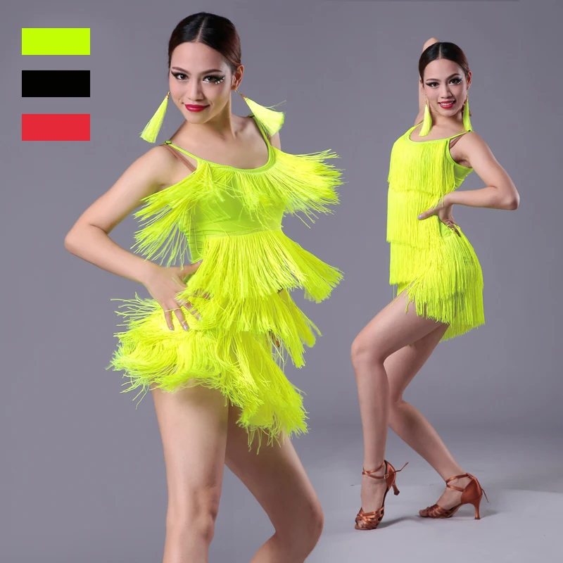 

Girls Latin Dance Solid Color BlackTassel Dress Girls Ballroom Dance Salsa Tango National Standard Competition Practice Clothing