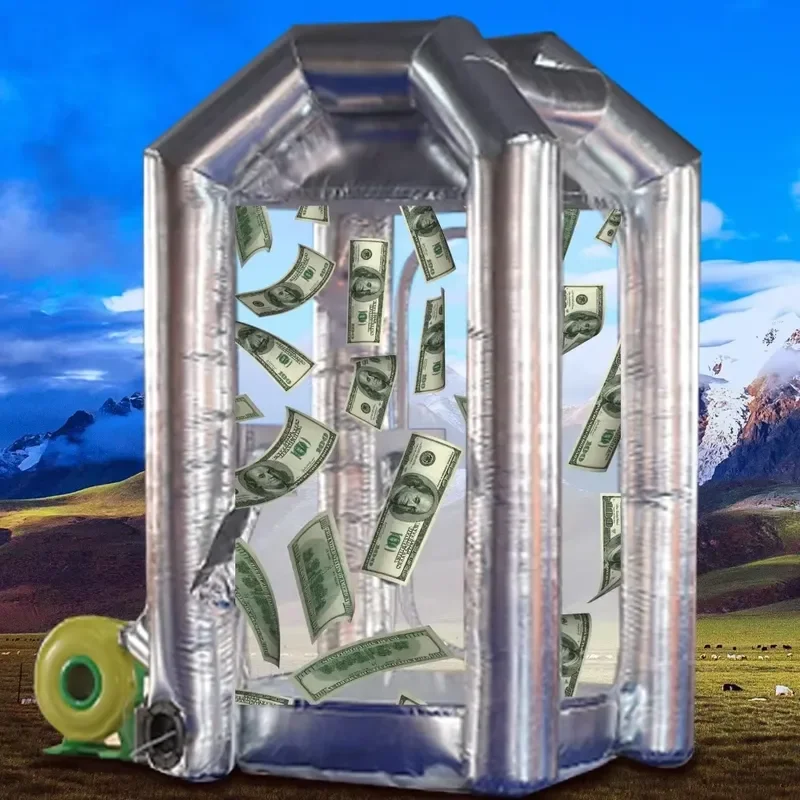 2026Silver Inflatable Cash Cube Booth with Blowers for Adults Money Grab Game Events Inflatable Money Machine Booth Blow Up Cash