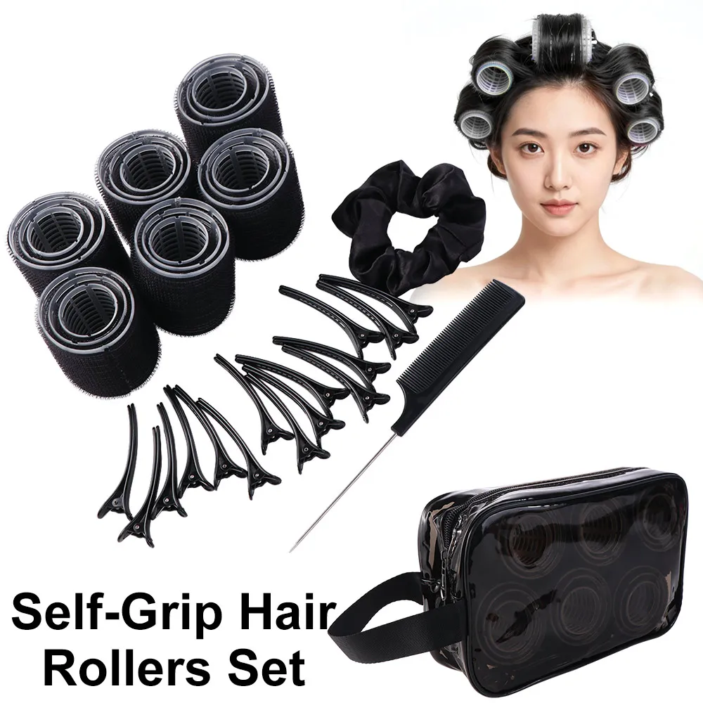 35Pcs Black Self-Grip Hair Rollers Set 3 Sizes Rollers Lightweight Curly Hair Roller Plastic Clips with Comb