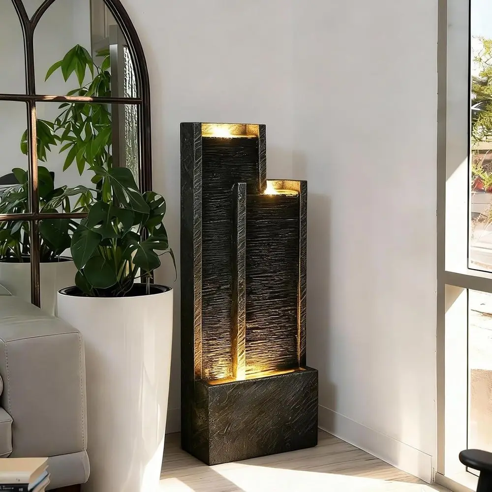 Tiered Waterfall Mountain with Lights – Indoor Regular Water Feature - 35.4H for Deck, Patio, Porch, Garden, Yard Decor Standing