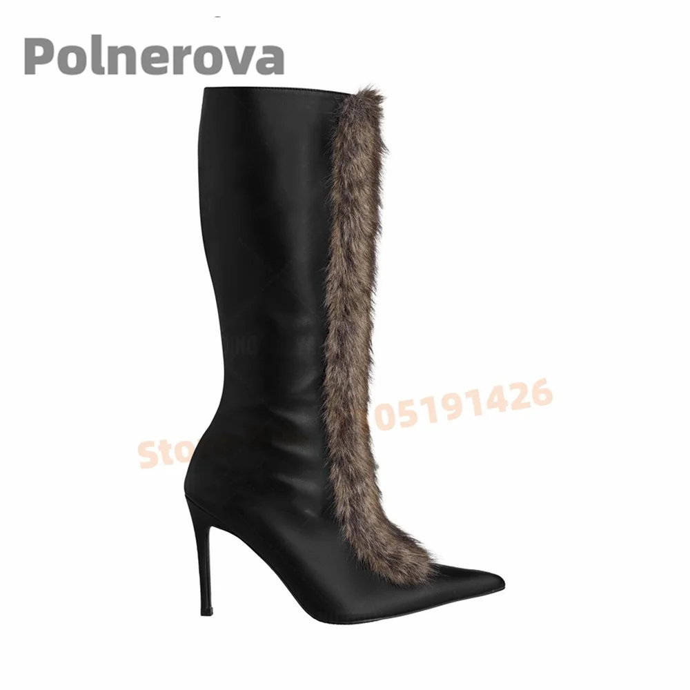 Detachable Fur Knee High Boots for Women Pointed Toe Stiletto High Heels Buttons Luxurious Style Side Zip Handmade Shoes