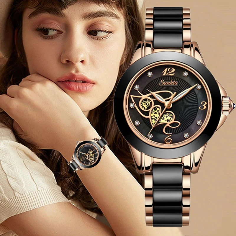 

SUNKTA Brand Luxury Watches for Women Ceramic Diamond Ladies Watch Waterproof Quartz Wristwatches Relogios Femininos Clocks Gift