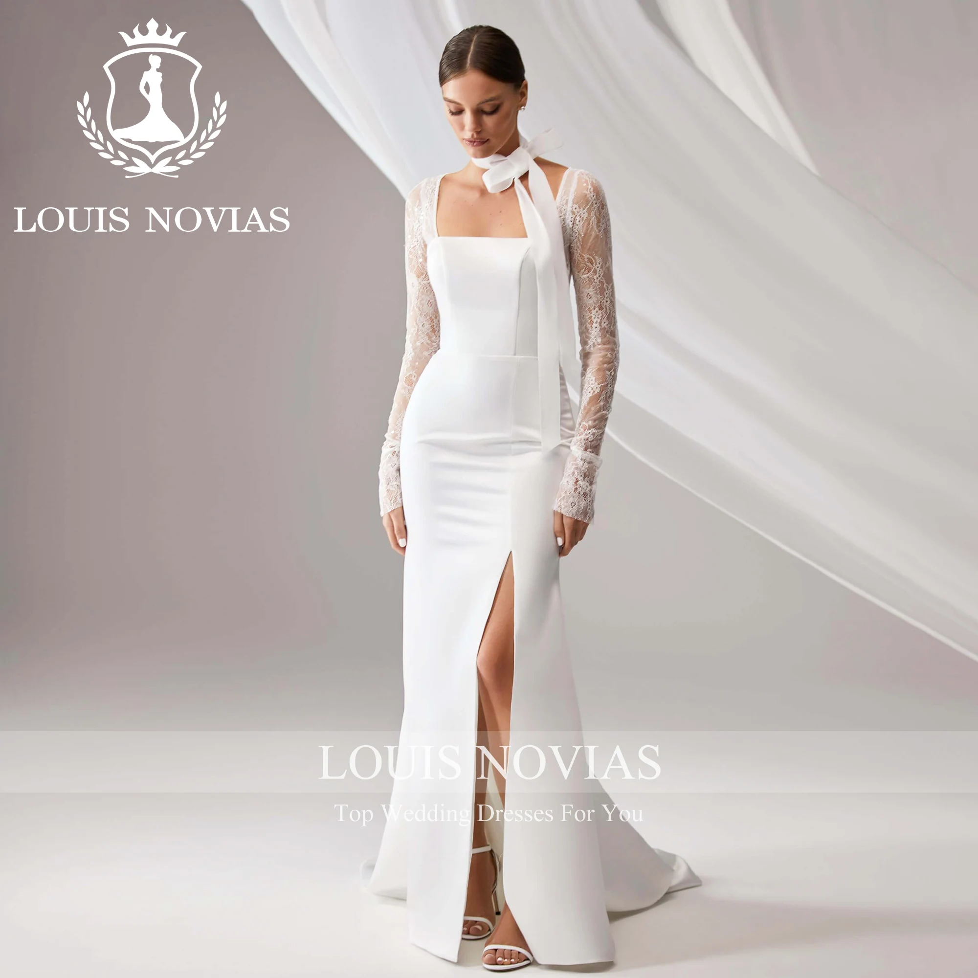 Louis Novias Zeemeermin Trouwjurk Met Lange Mouwen 2023 Vierkante Kraag Appliqueert Illusie Zijsplit Trouwjurk Vestidos De Novia