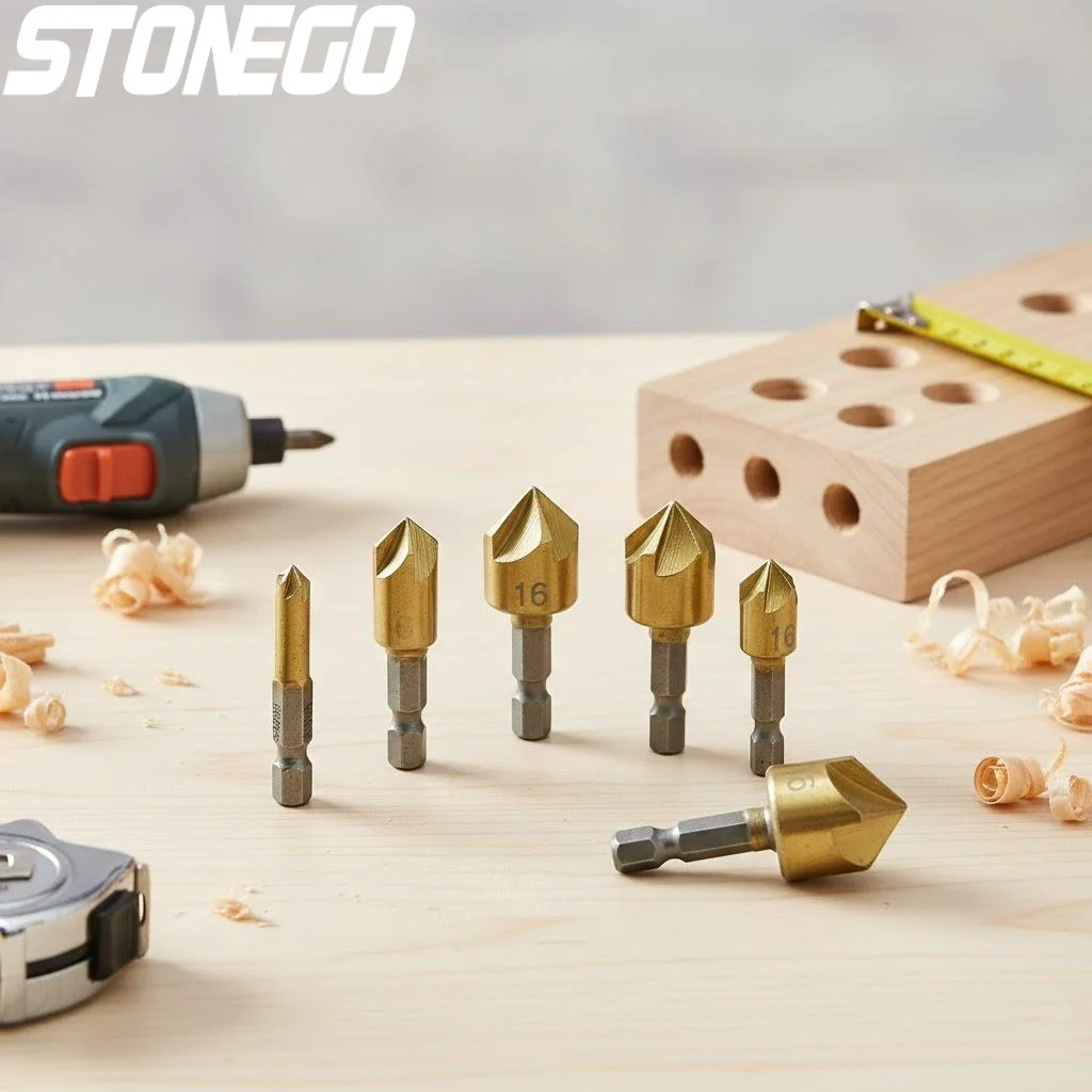 

6Pcs Titanium Coated Countersunk Bit Set 14 Hex Shank 5 Slot Wood Chamfer Knife Drill Bits High Speed Steel