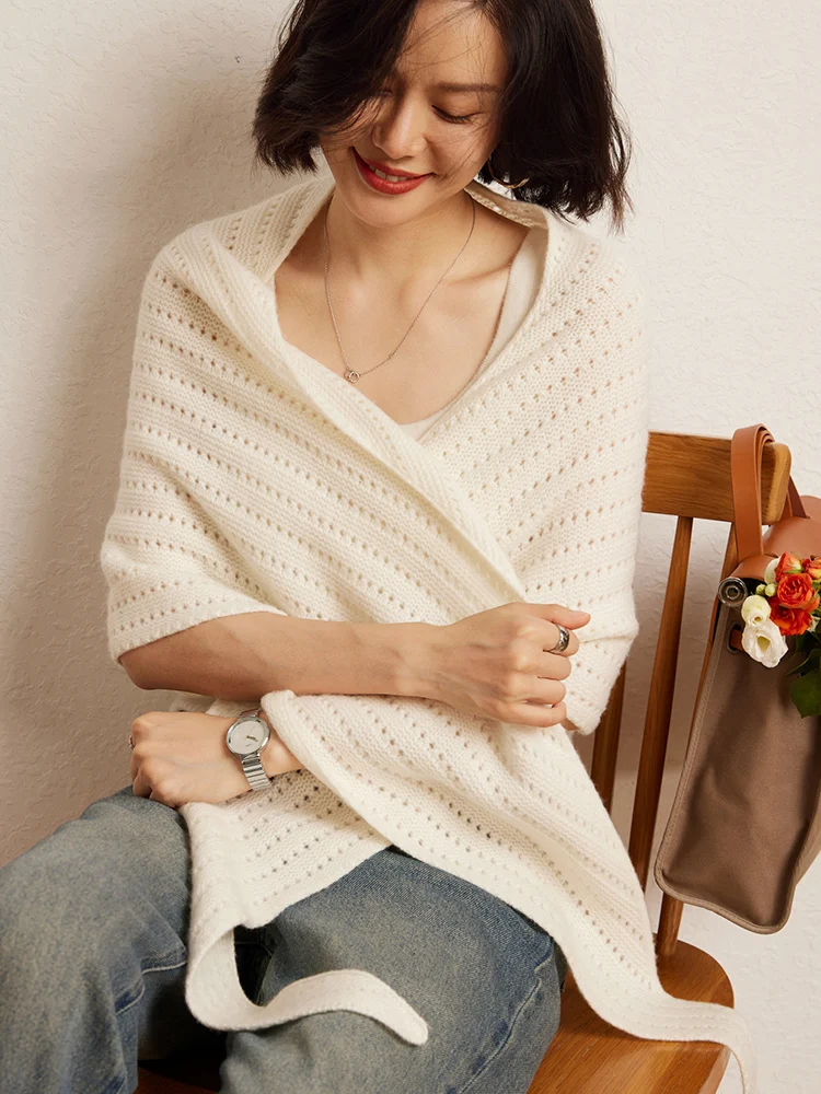 

2024 New 100% Goat Cashmere Cardigan Shawl Women Hollow Out Triangle Cashmere Knitwear Scarf Korean Popular Solid Sweater Shawls