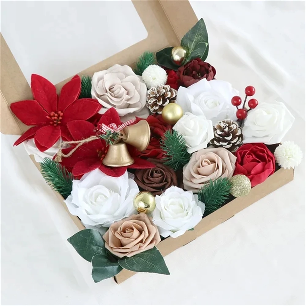 Christmas Flowers Combo Box Set Artificial Xmas Flower Bell for DIY Wedding Bouquets Party Centerpieces Home Decor Supplies