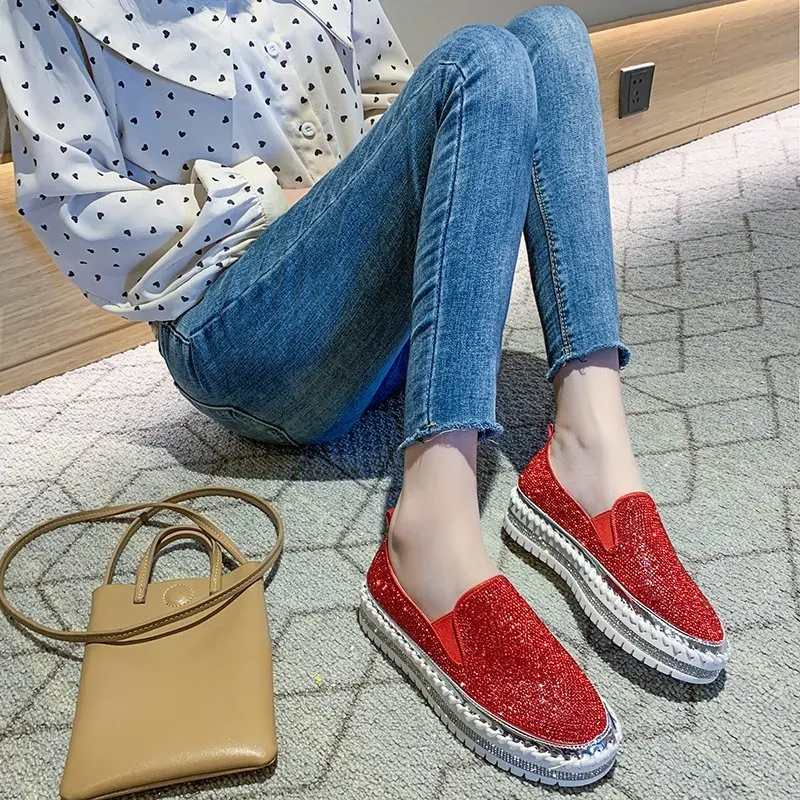 Shoes Woman 2024 Female Footwear Slip-on Crystal Casual Sneaker Round Toe Clogs Platform Modis New Dress Slip On Rhinestone Summ