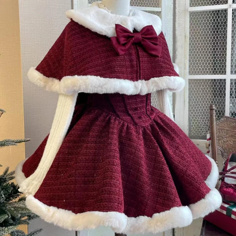 Japanese Sweet Lolita Dress Set Women Kawaii Bow Plush Shawl Short Jackets Party Mini Dress Suit Christmas New Year 3 Piece Set