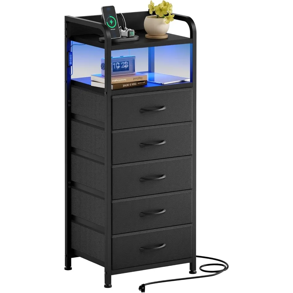 

Tall Dresser with 5 Drawers, Tall Night Stand with Charging Station, 40 Inch White LED Nightstand with with PU Finish, Storage