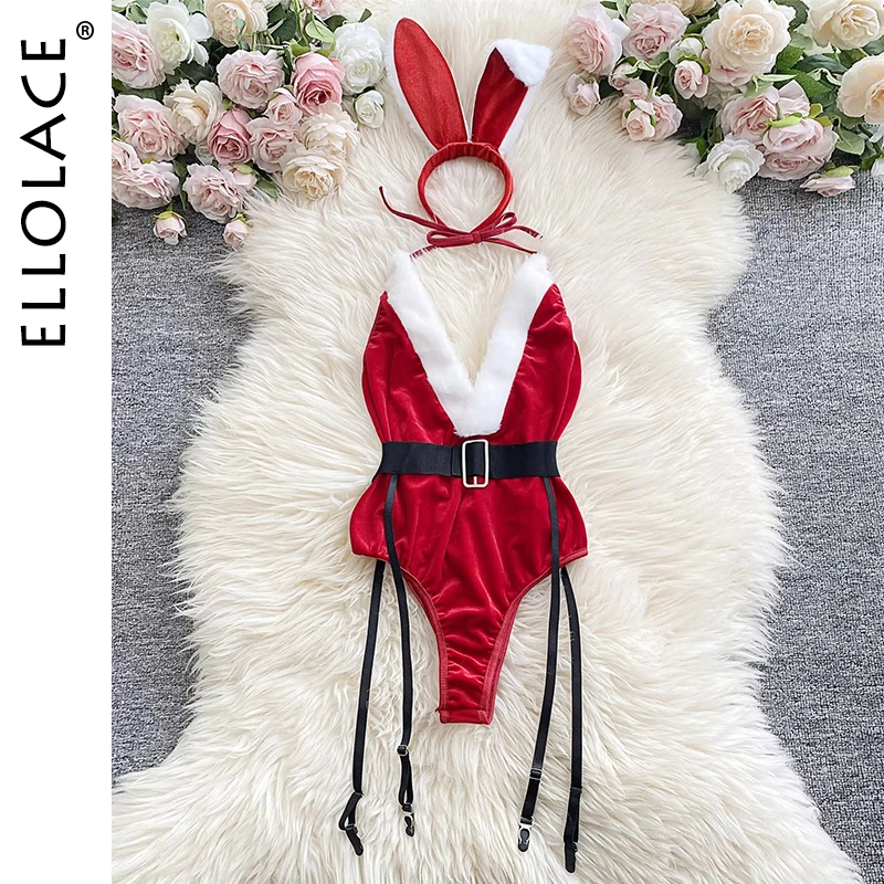 Ellolace Bunny Navidad Lencería Body Terciopelo Rojo Disfraces Eróticos Banda para el Cabello Deep-V Sweet Girl Festival Set Mujer 3 Piezas