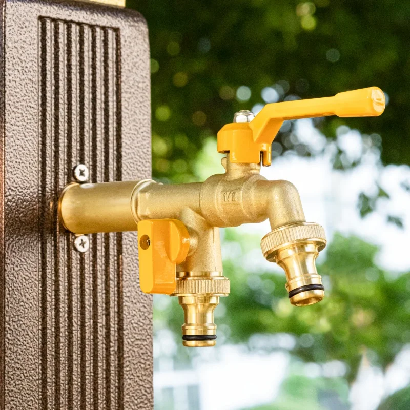 TMOK Brass Outdoor Garden Water Faucet 1 inlet 2 outlet Natural Brass Color Anti-freeze Bibcock with Hose Connector