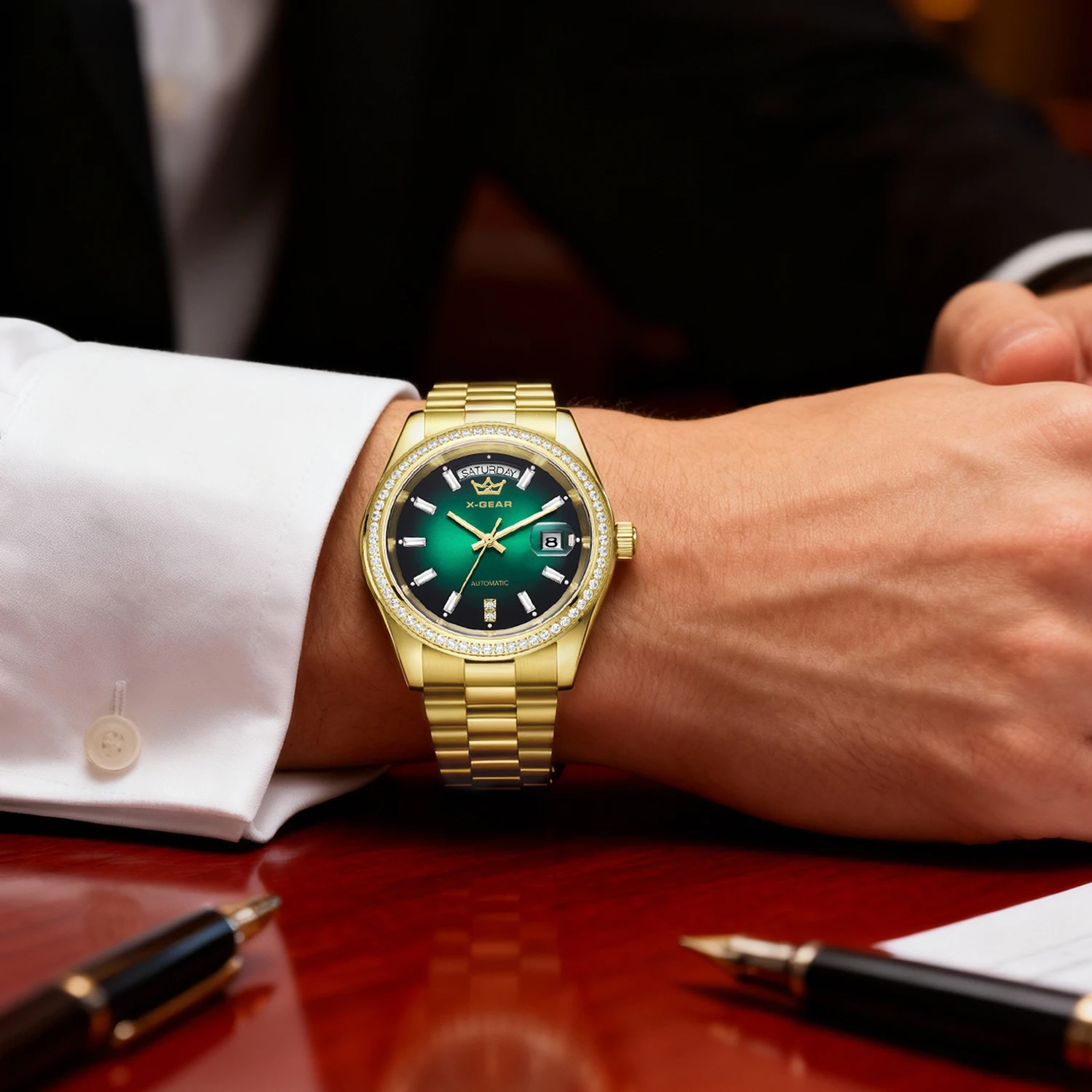 X-GEAR Мужские роскошные часы Механические часы Светящийся дисплей даты и недели Корпус из нержавеющей стали Ремешок
