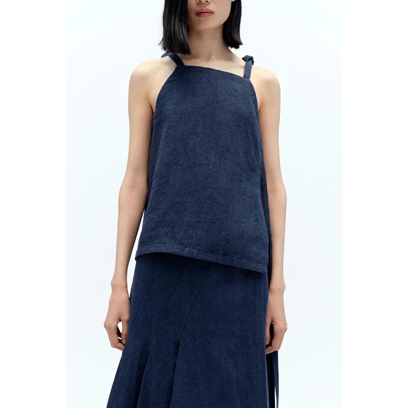 

Топ из смеси льна с прямым воротником, украшенный узлом, 279400, юбка со средней талией из смеси льна, 279000, модный женский комплект