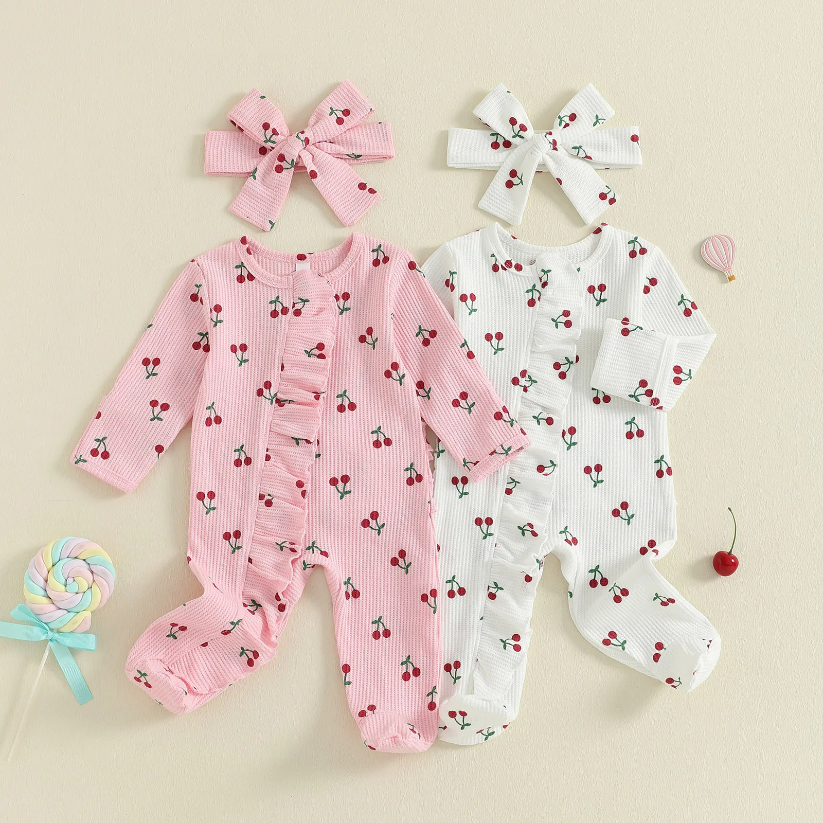 Newborn Baby Girl Fall Romper Cherry Print Long Sleeve Zip Up Round Neck Ruffled Footed Jumpsuit with Headband