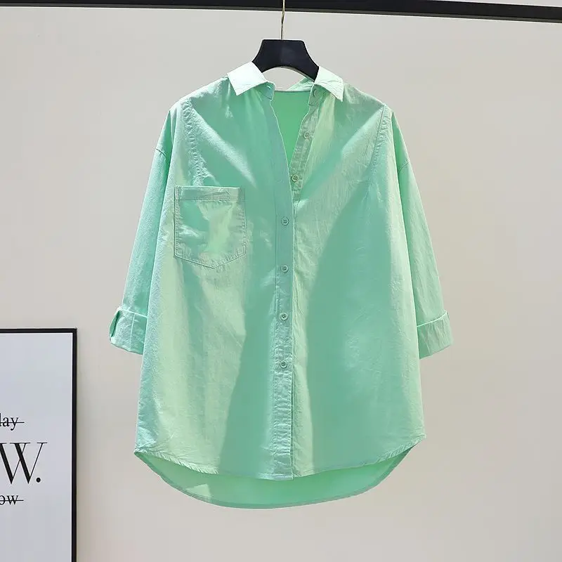 

Mint Green Cotton Shirt Women's Loose Long Sleeve Single Pocket Spring Summer Versatile Open Cardigan Top Fashion Style