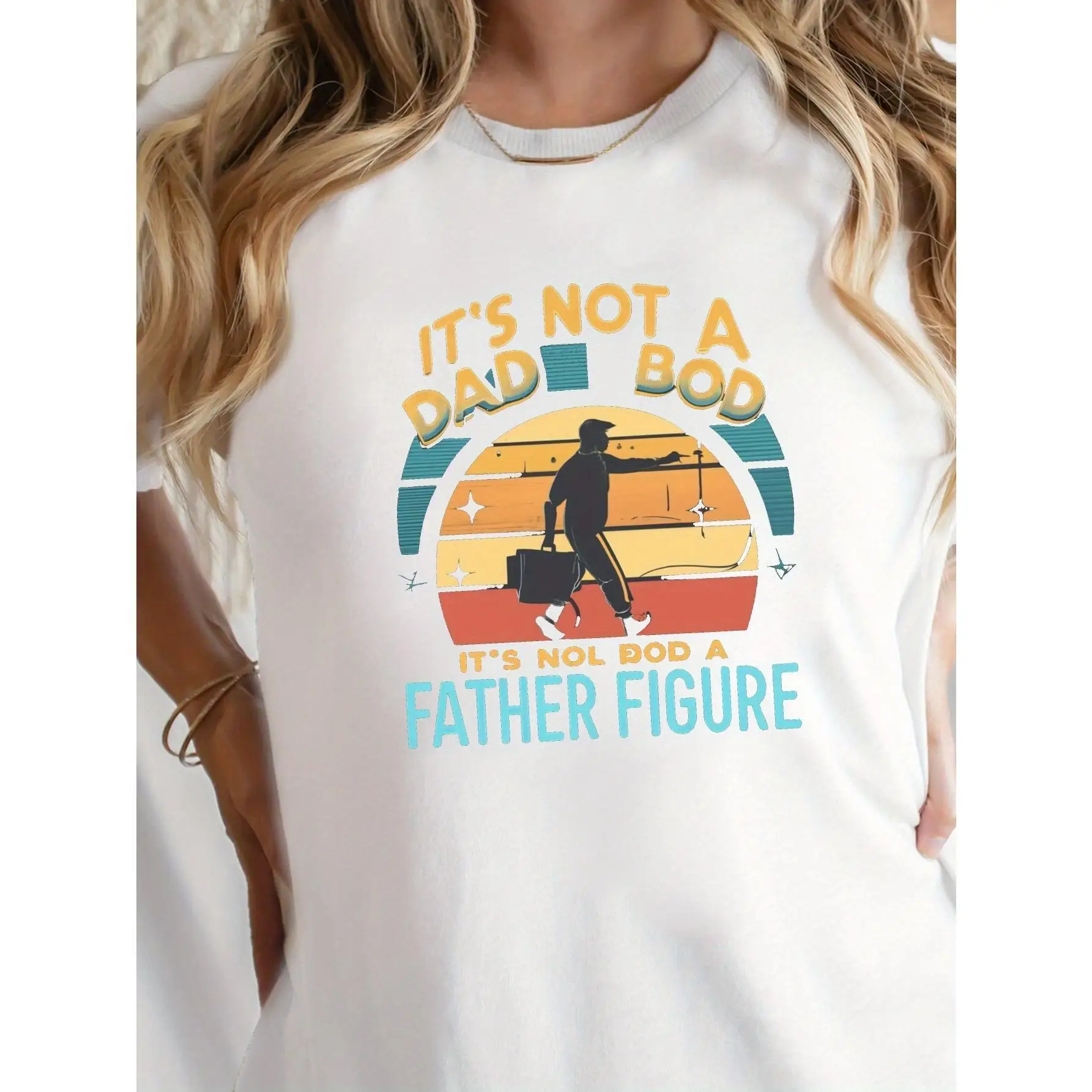 

Retro Vintage "It's Not a Dad Bod, It's a Father Figure" Graphic Women's T-Shirt - Comfort Fit, Red, Casual Crew Neck, Machine W