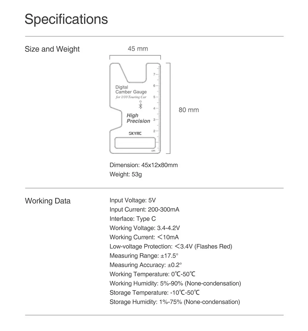 SKYRC CTG-015 Digital Camber Gauge for 1/10 RC Touring Car Racing Wheel with Bluetooth High Prcision Adjustment Type-C Interface
