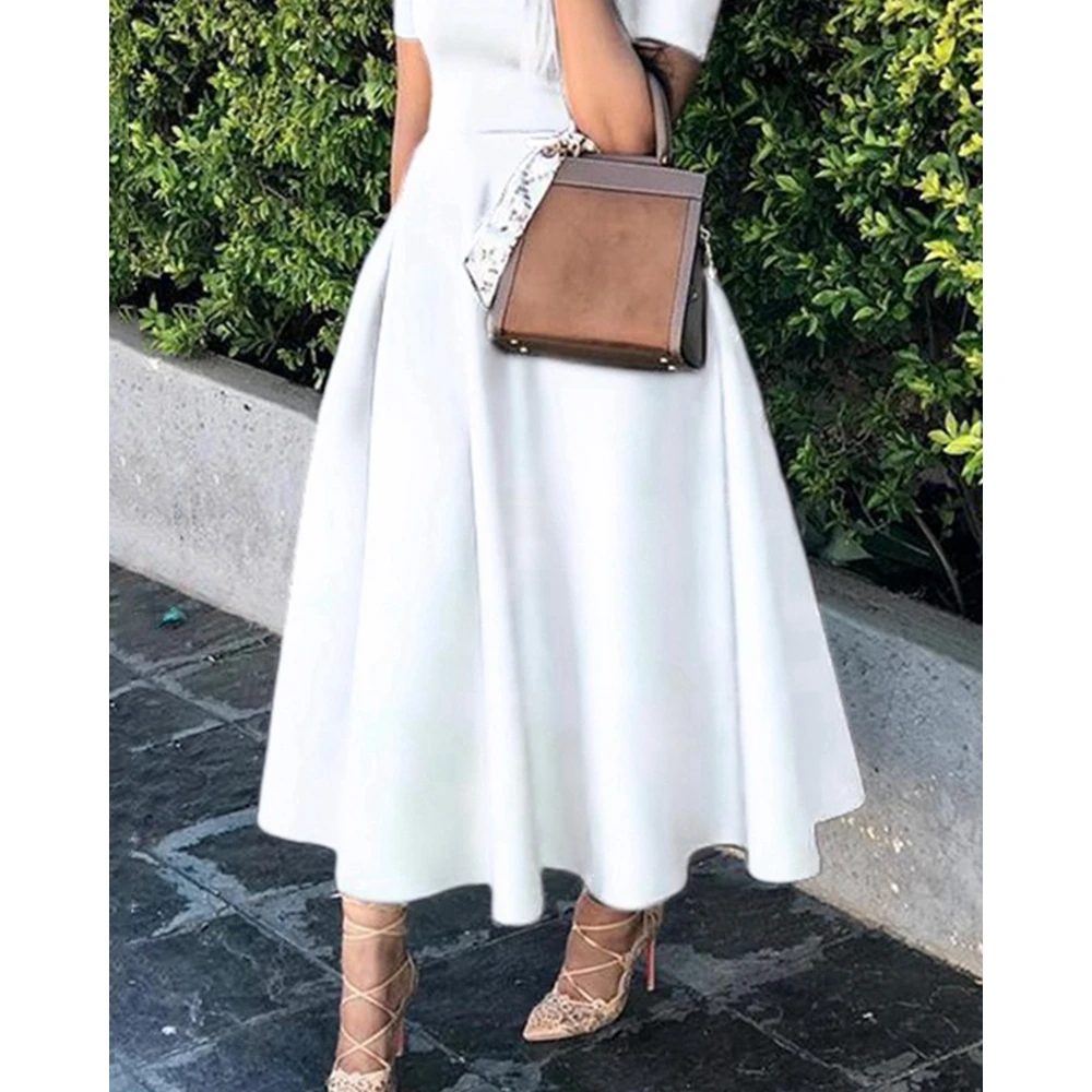 Elegant Dresses for Women Summer Short Sleeve Robe Longue Femme Office O-Neck Midi Dress A-Line White Dress Women Evening Outfit