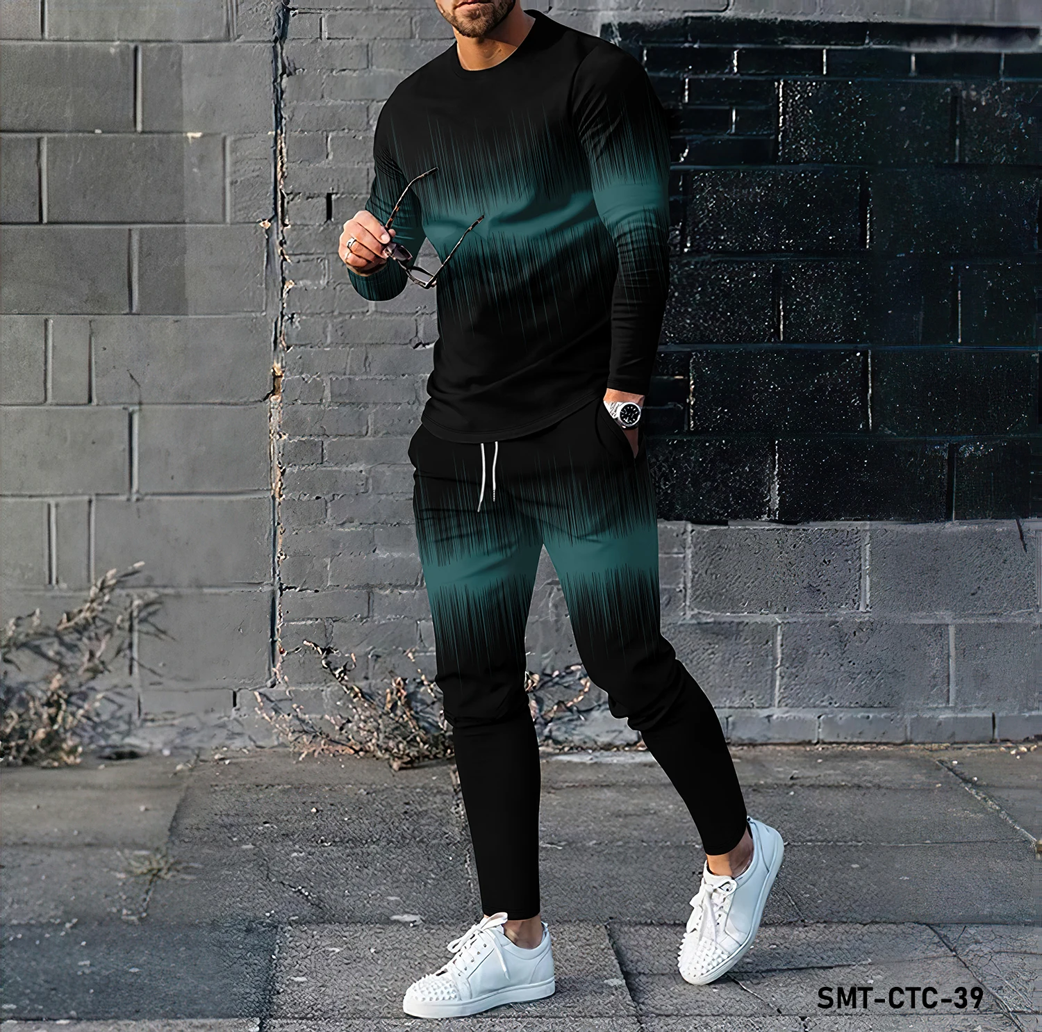 New men\'s sportswear set of 2 pieces summer sportswear 3D printed casual jogging set long sleeved T-shirt+long pants for men