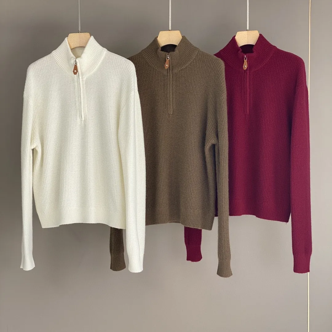 Autumn Winter Women's Cashmere Sweater Solid Color Half Zipper Stand Collar Long Sleeve Casual Ladies Knitted Pullover