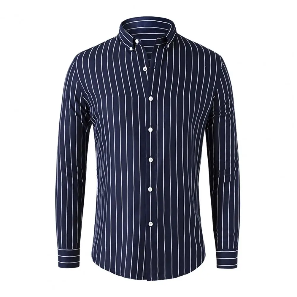 Men Shirt Long Sleeve Single-breasted Cardigan Slim Fit Striped Color Matching Buttons Business Style Mid Length Plus Size Top