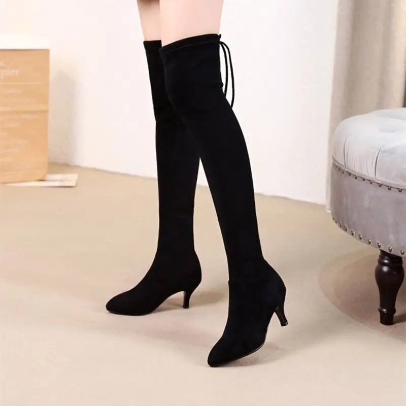 Women's Long Boots Elegant Heeled Elastic Above Over The Knee Black Thigh High Ladies Shaft Shoes Heels Quality Hot New Rock In