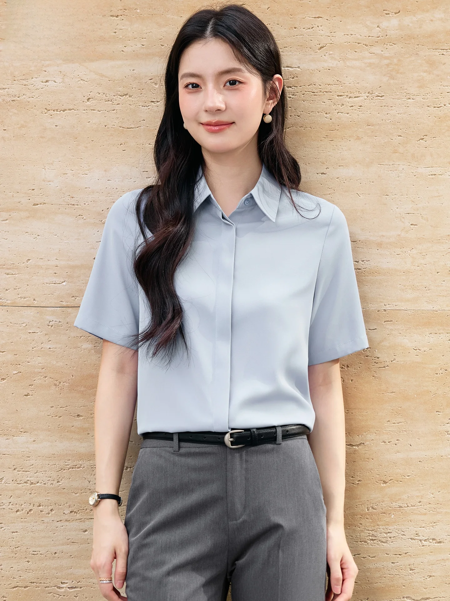 

Blue Short Sleeve Shirt Women's Summer 2026 New Professional Commute Top College Student Interview Formal Shirt Set