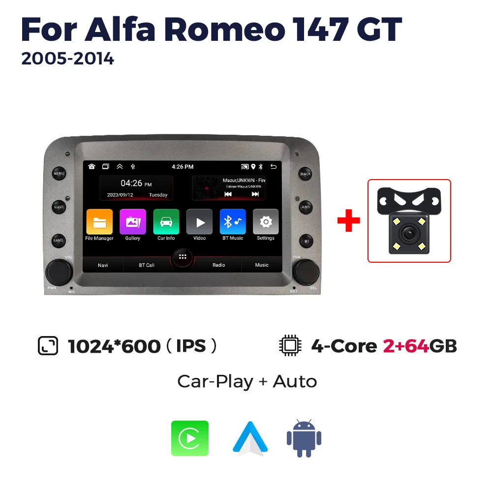 Android 15 Autoradio 7 Inch voor Alfa Romeo 147 GT 2005-2014 GPS Multimedia Draadloze CarPlay Android Auto - afbeelding 1