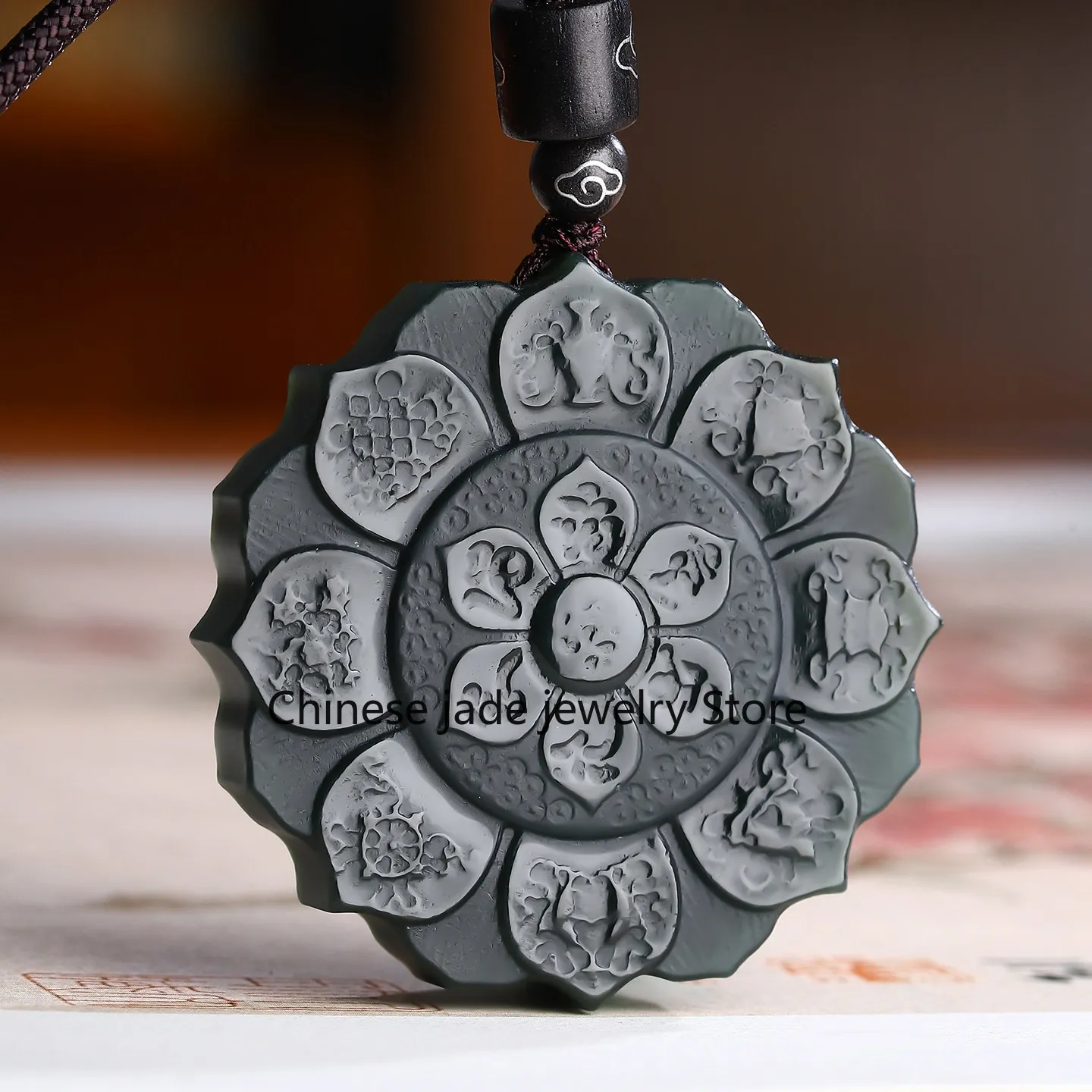 Natural Xinjiang Hetian jade fine material eight treasures compass jade pendant six characters mantra jade pendant men's and wom