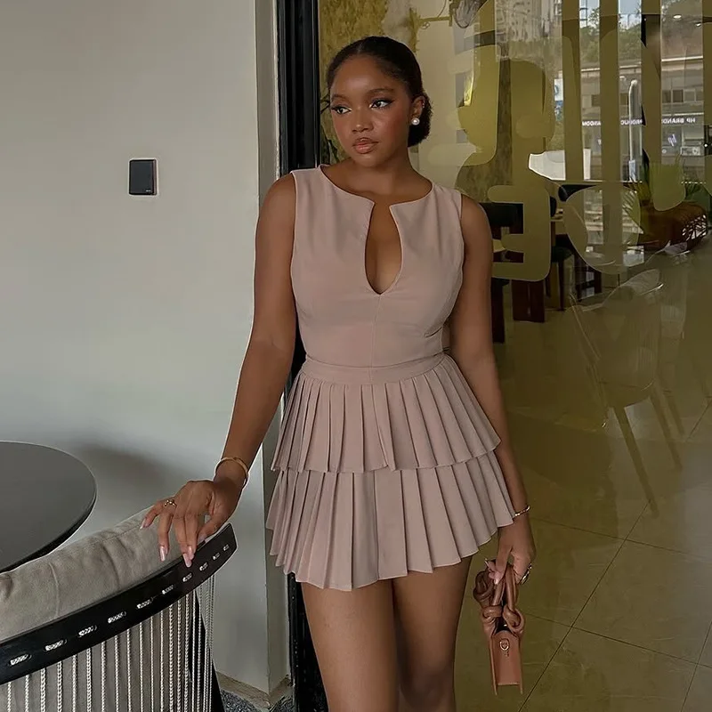 

Women's Solid Color Sleeveless Mini Dress Keyhole Neck Tiered Pleated Skirt Bodycon Gown Stylish Formal Outfit For Parties Dates
