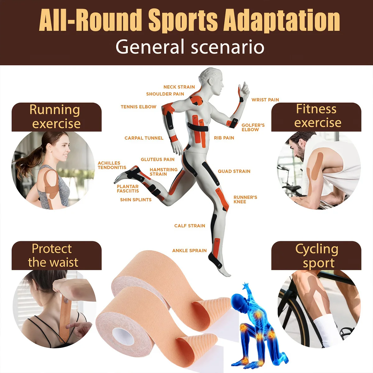 Kinesiology Tape Gym Fitness Bandages Sports Elastic Breathable Cotton Adhesive Tension Injury Boxing Knee Muscle Pain Relief