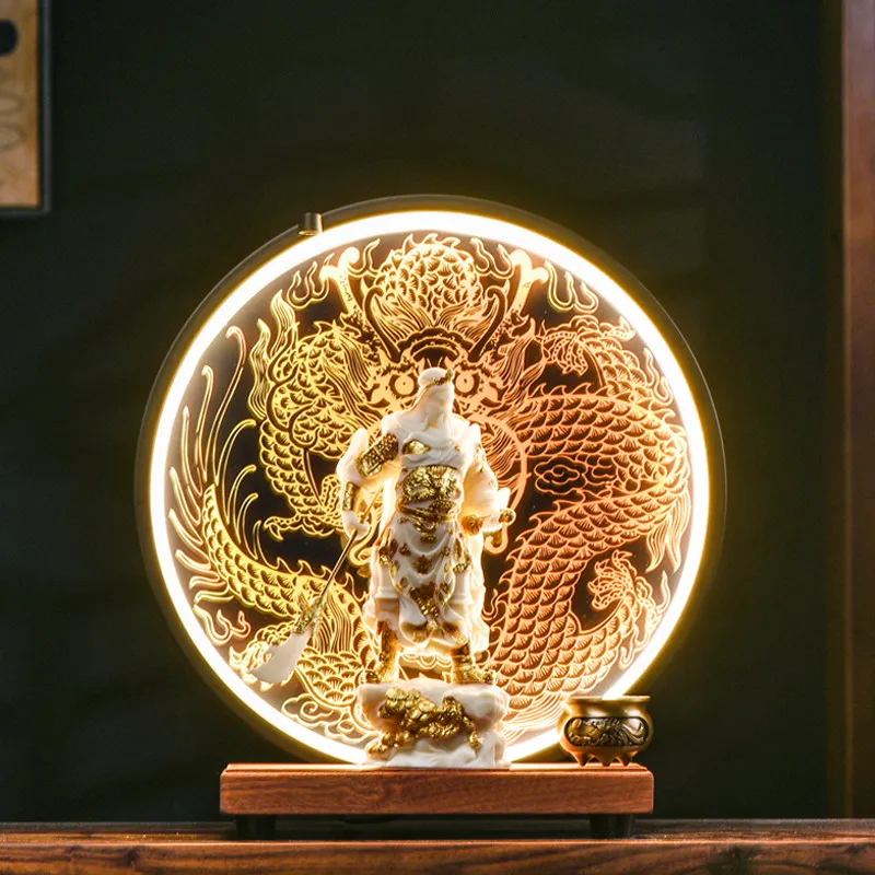 Chinese Guan Yu Statue Ivory Nut Carving Kwan Kung Figurine Dragon LED Light Ring Backflow Incense Burner Wood Base Decor