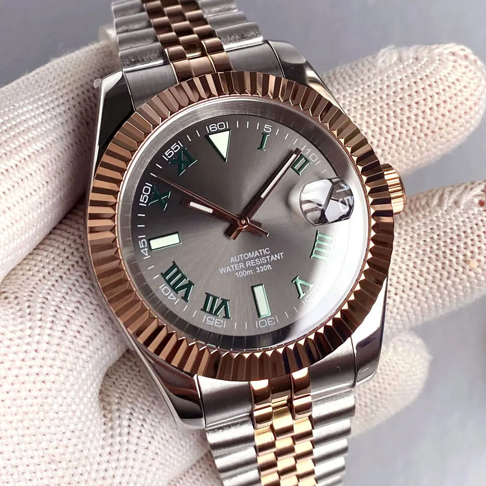 

Nologo 36mm/39mm NH35 Automatic Watch Men Lady Gray Dial Green Roman Numeral Date Adjust Sapphire Crystal Luxury Watch Rose gold