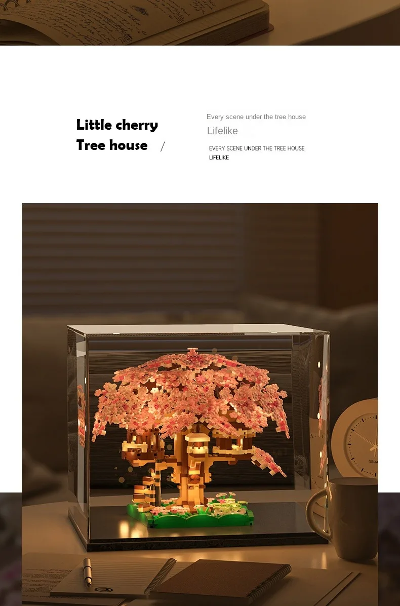 DIY Lila Romantische Kirschblüte Blume Rosa Baum Haus Montage Bausteine Klassisches Modell Miniatur Ziegel Sets Kind Geschenke – Detail 7