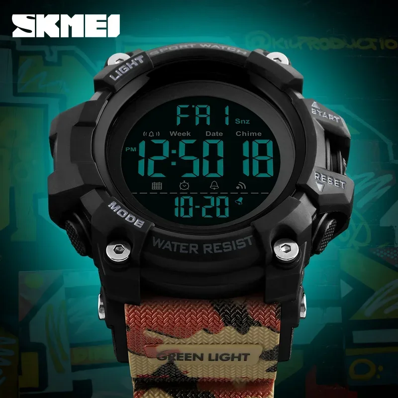 SKMEI 1384 Army Camouflage Sport Watch Stopwatch Count Down Mens Digital Watches Soft Clock for Male with Shockproof 2 Time