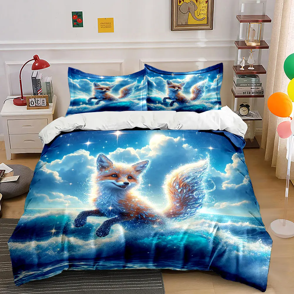 Starry Dreamlike Ocean Fox Printed Duvet Cover Set1 Duvet Cover+2 PillowcaseMulti Size Bedroom Bedding Decor Luxury gifts