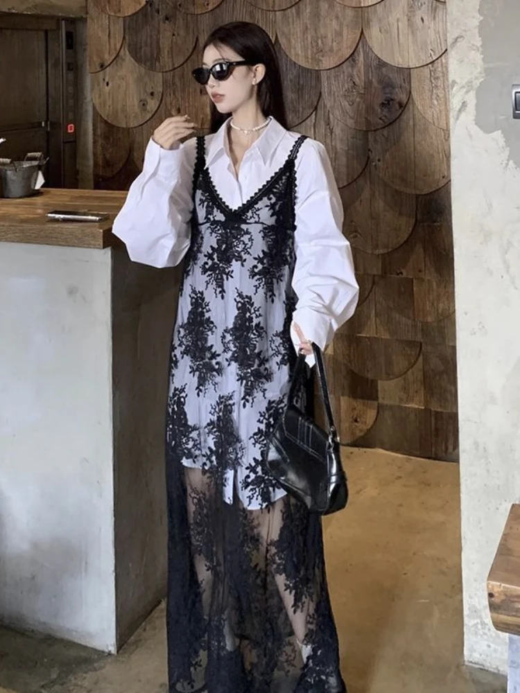 QWEEK  Y2k Coquette Beach Sexy Floral Flower Embroidery Black Slip Long Dress Women Sundress Holiday Vacation Maxi Dresses