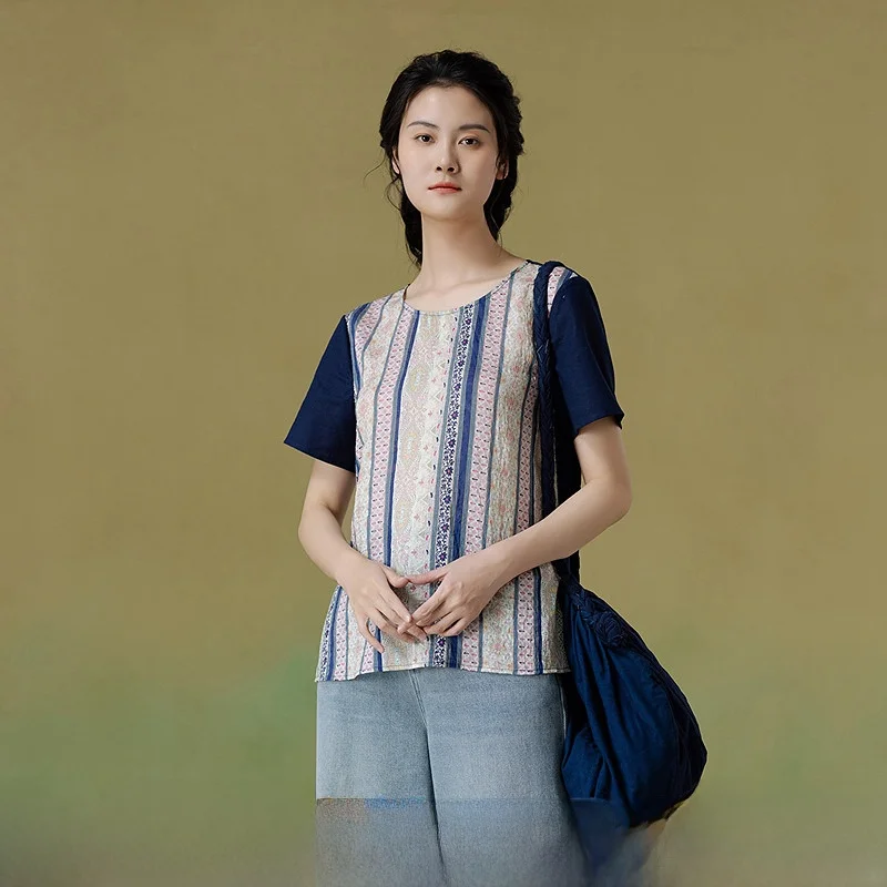 

Slimming Floral Print Patchwork irt Women's Casual Sle Breathable Lenzing Fiber ort Sve round Ne Top for Summer