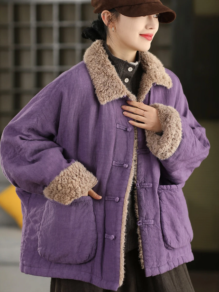 

Thiened Long Sve Cotton Jaet with Flap Collar Linen Buttoned Lapel Winter Warm Coat for Women Commute Sle Pure Color
