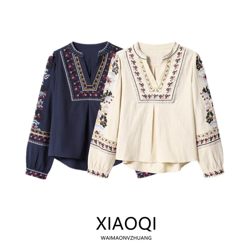 

Faionable Simple V-ne Embroidered irt Women's Casual Loose Fit Long Sve Thin irt for Girls Autumn New Arrival