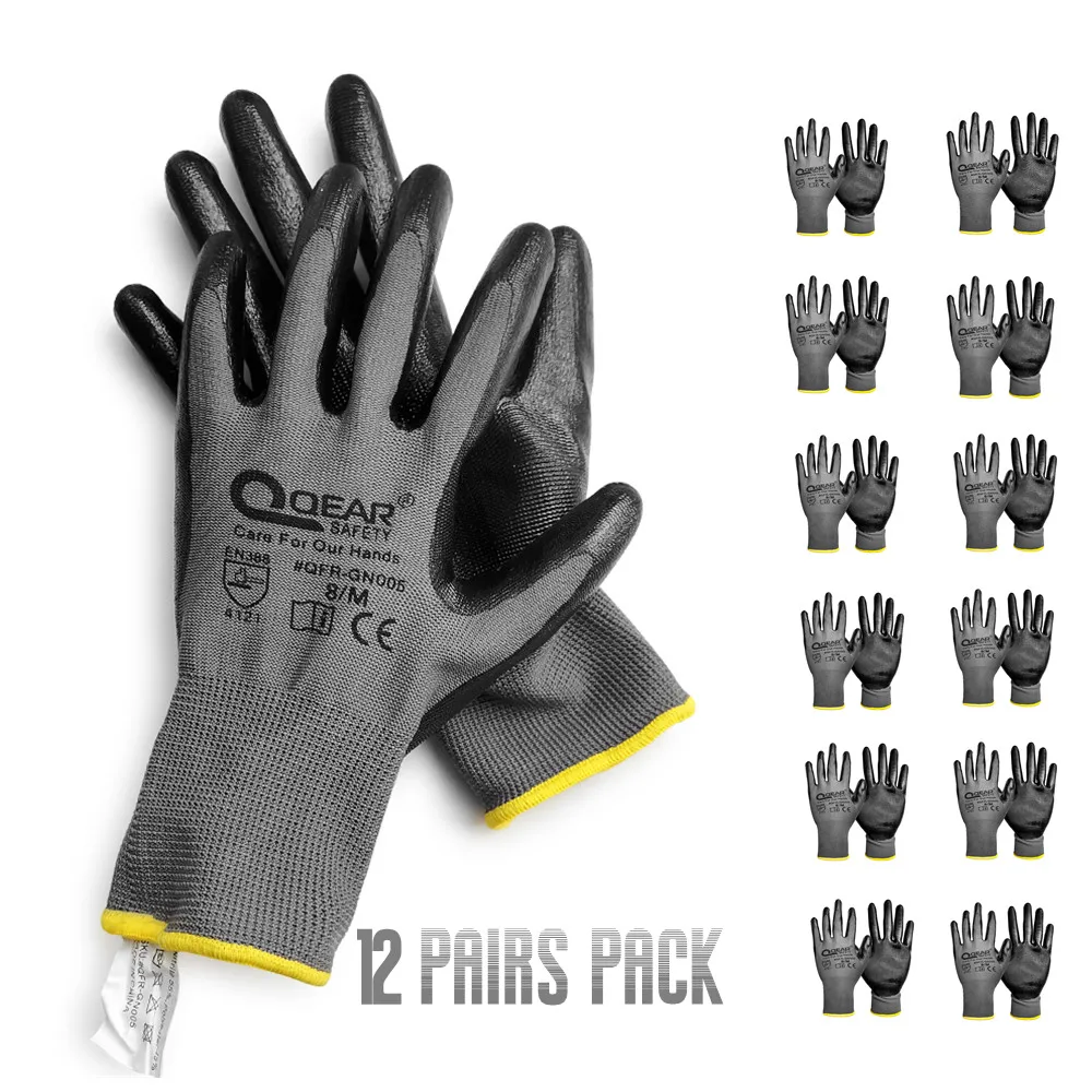 12 Pairs Pack Nitrile Rubber Coated Work Gloves, Multi-Function,Light-Weight,Good Abrasion, Oil/Greasy Resistance Palm,Mechanic