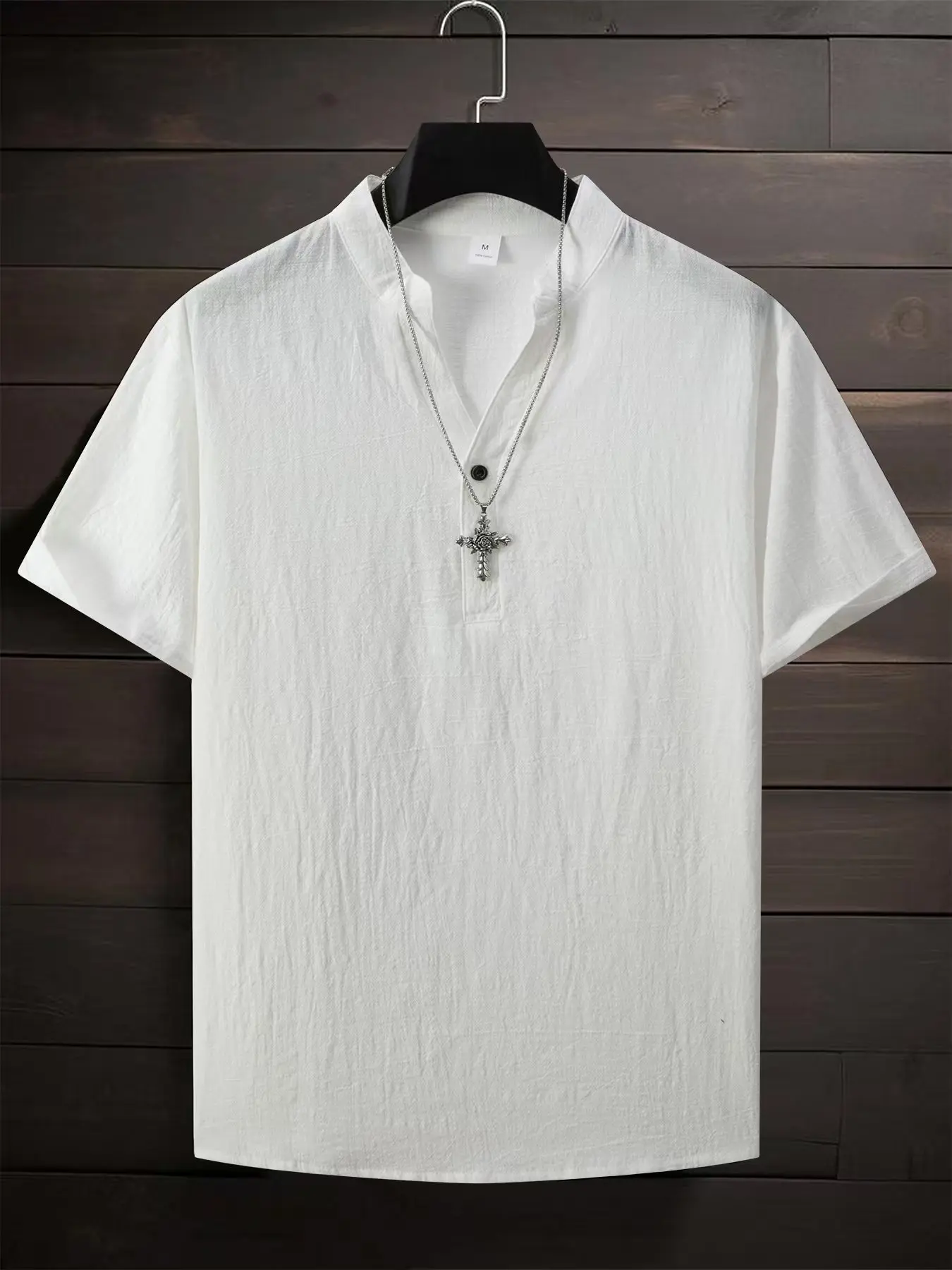 2025 Summer New Design for European Men's Pure Color Casual Standing Collar Half-Closed Buttoned Cotton Men's Short-Sleeved Shir