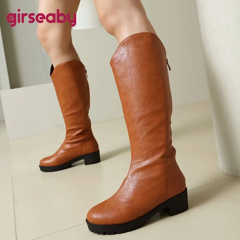 

Girseaby 2025 Шикарные женские сапоги до колена с круглым носком на массивном каблуке 4,5 см на молнии, большие размеры 43, 44, 45, 46, черные сапоги для верховой езды