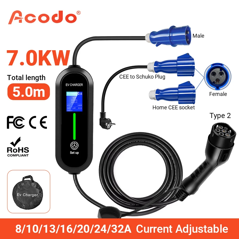 Acodo 7KW Type 2 EV Portable Charger With Conversion plug 5M Length Cable 7 Currents modes WallBox Type 1 GBT Car Fast Charger ﻿