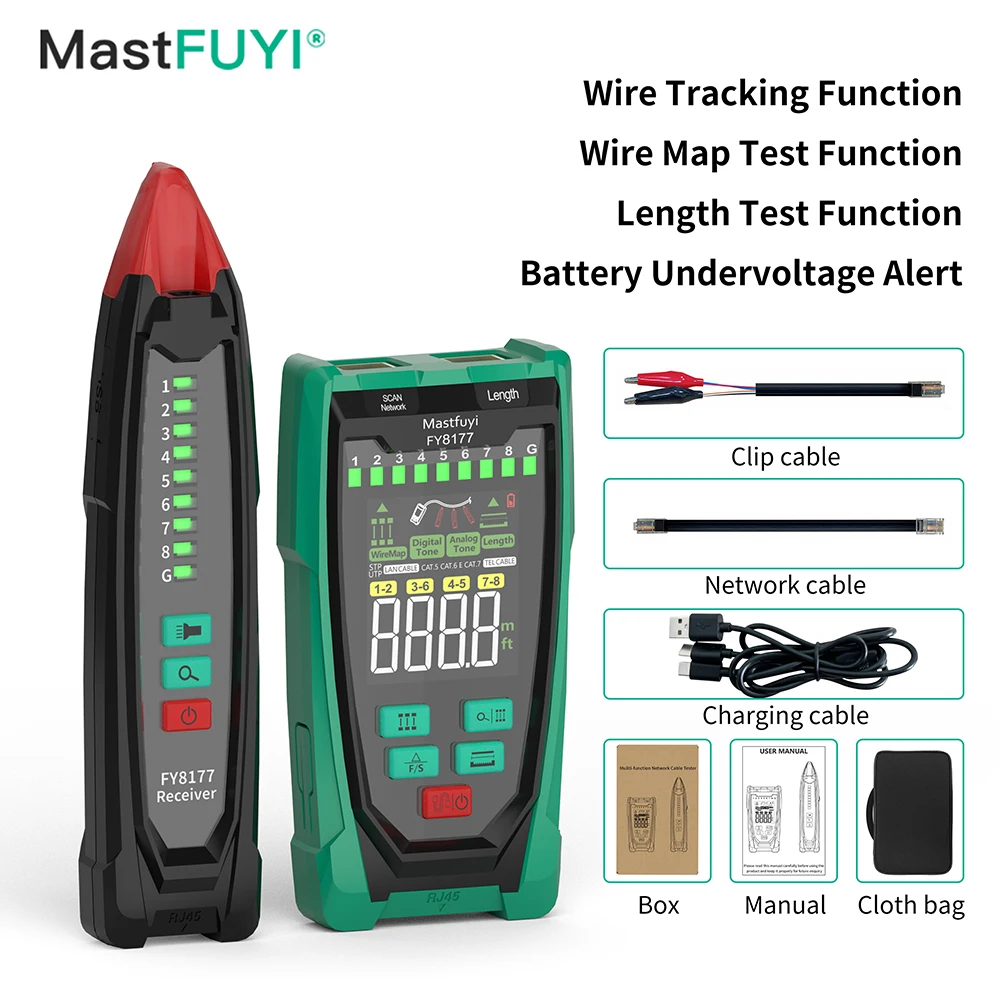 

MASTFUYI FY8177 Network Cable Tester RJ45 Wire Finder LCD Digital PoE Tracker Network Cable Length Test Determine Breakpoint