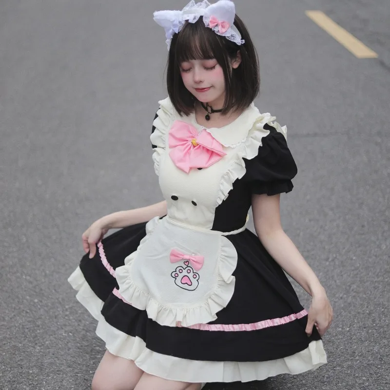 Women Sweet Cat Paw Maid Cosplay Dress Ruffle Apron Dress with Pink Bow Headband and Choker for Party