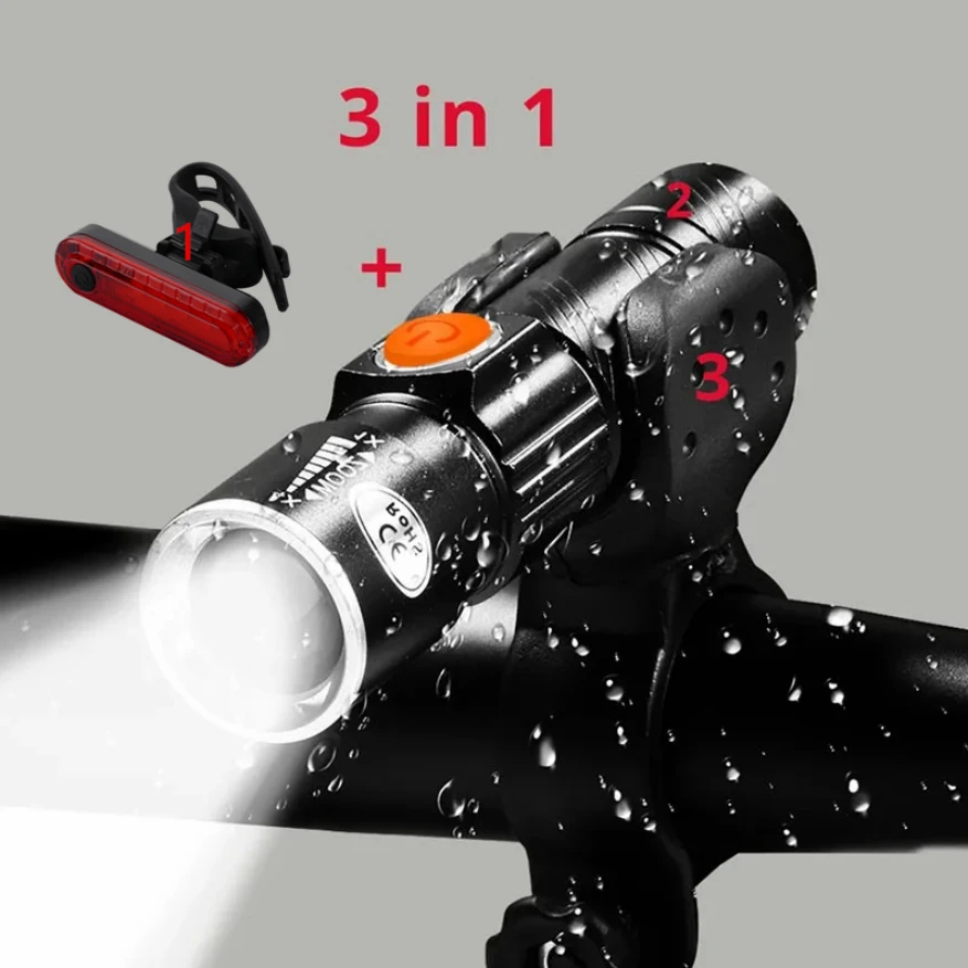 18650 battery 3 in1 8000 Lumen Bike Bicycle Light USB rechargeable LED Waterproof Super Bright Zoom Headlight Rear light MTB